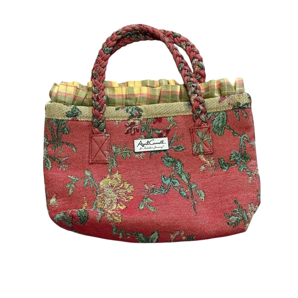 April Cornell Isabella's Journey Red Floral Tapestry Tote Bag Plaid Ruffle Trim